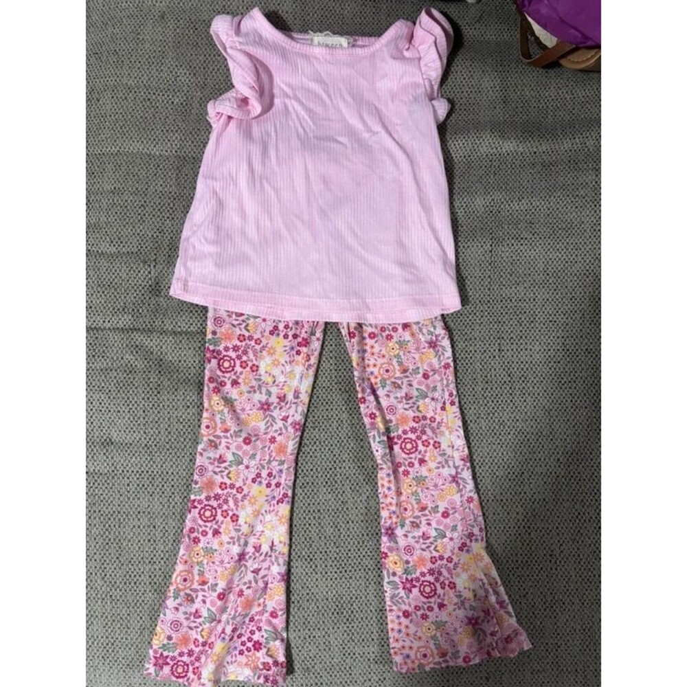 BTween Girls Size 5 Pink Floral Flare Pants Ruffle Top 2 Piece Outfit